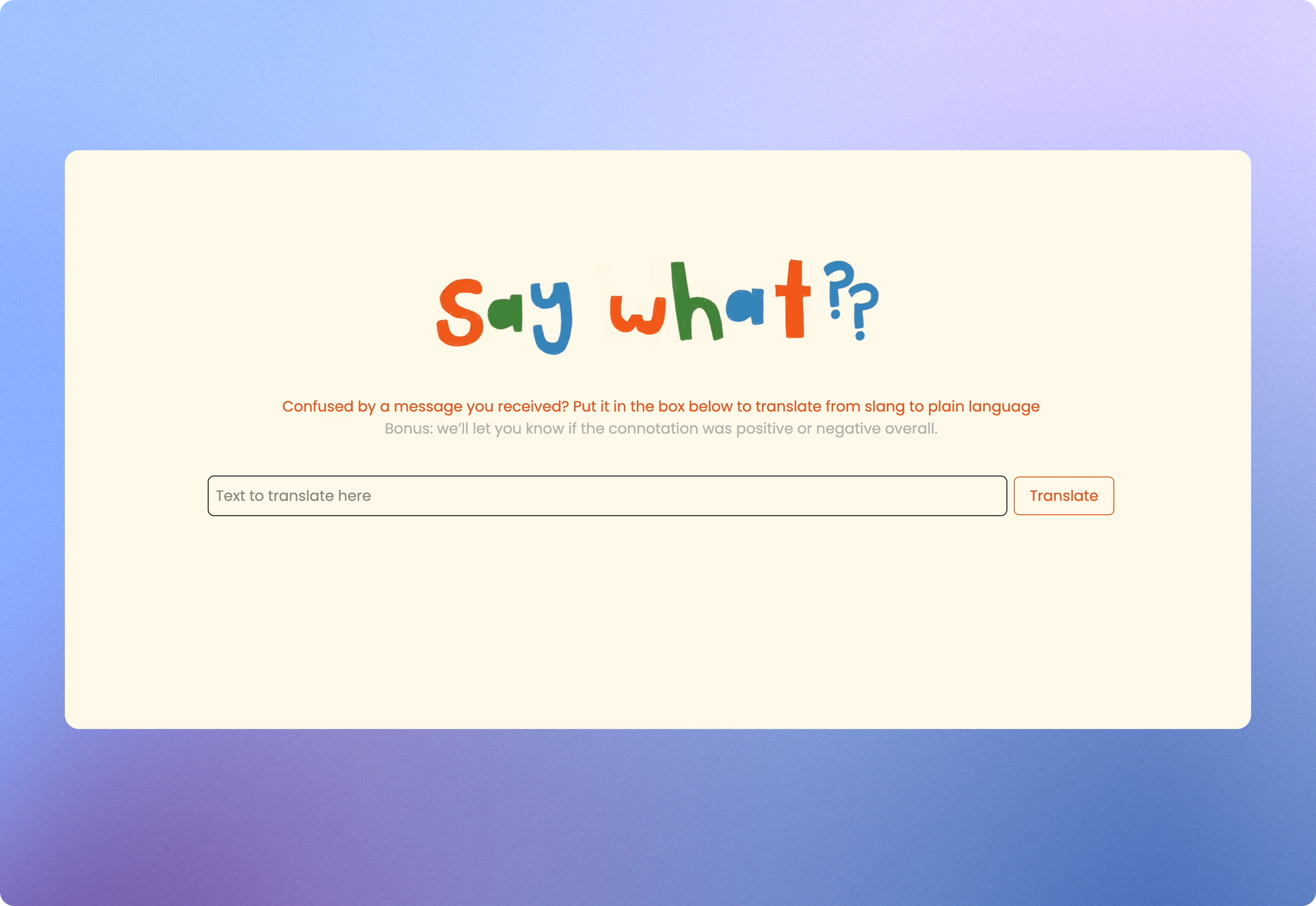 Purple and blue gradient background with an image of teh Say What website on top.